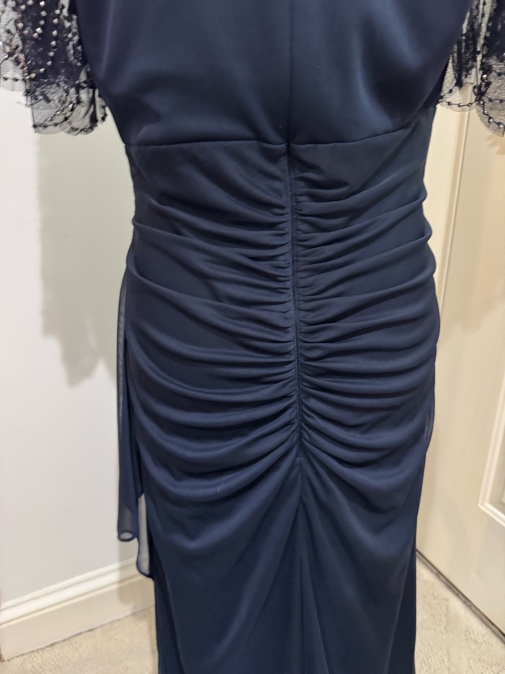 Xscape Dark Navy V-Neck Maxi Dress with Beaded Fringe Sleeves size 14 - Picture 6 of 16